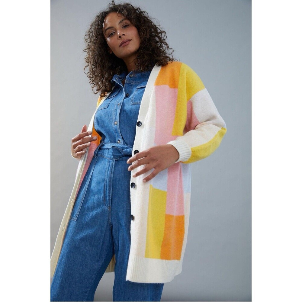 Anthropologie AMADI Lexie Colorblocked Cardigan Size L Oversized Multicolor Cozy